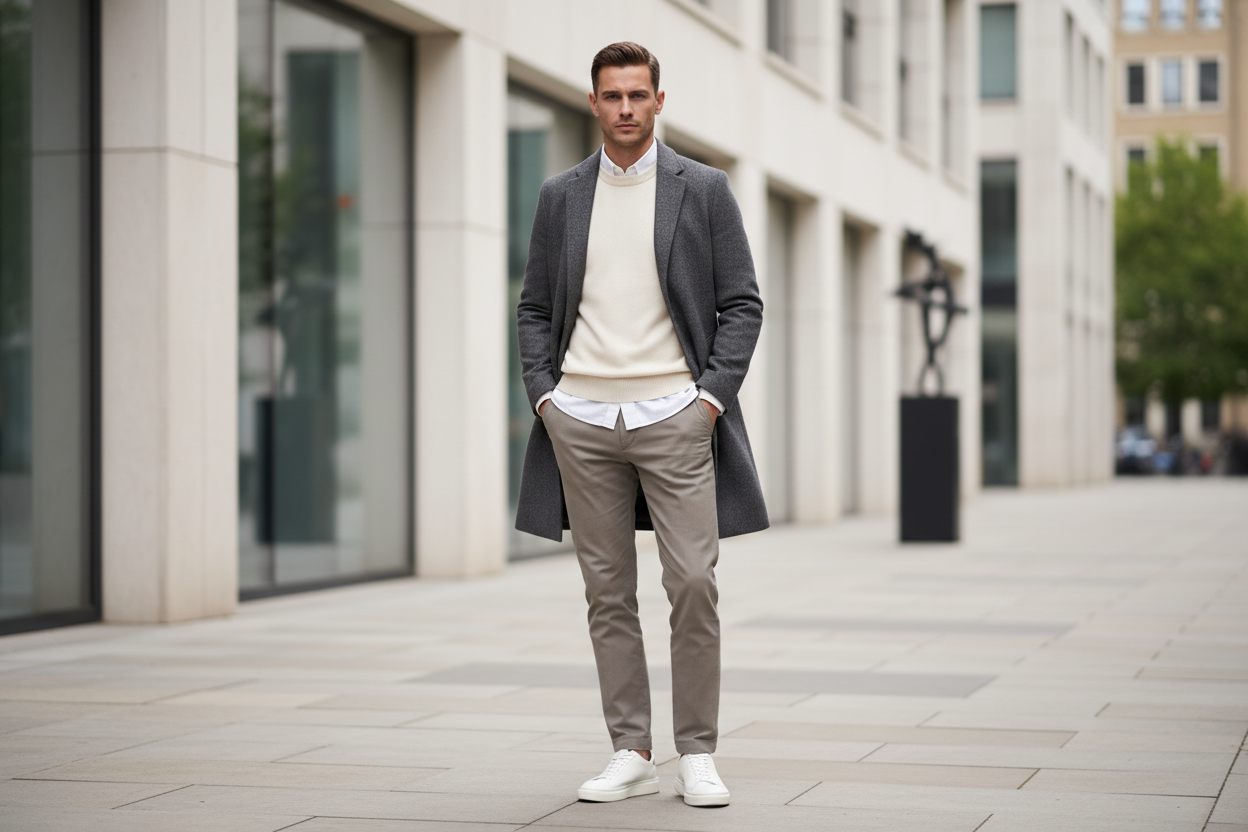 A stylish male fashion model wearing modern men’s clothing, standing confidently in a clean urban UK setting, minimalist background, neutral tones, premium menswear aesthetic, soft natural lighting, sharp focus, elegant and modern style, high-end fashion photography, cinematic look, wide composition, suitable for ecommerce homepage hero image