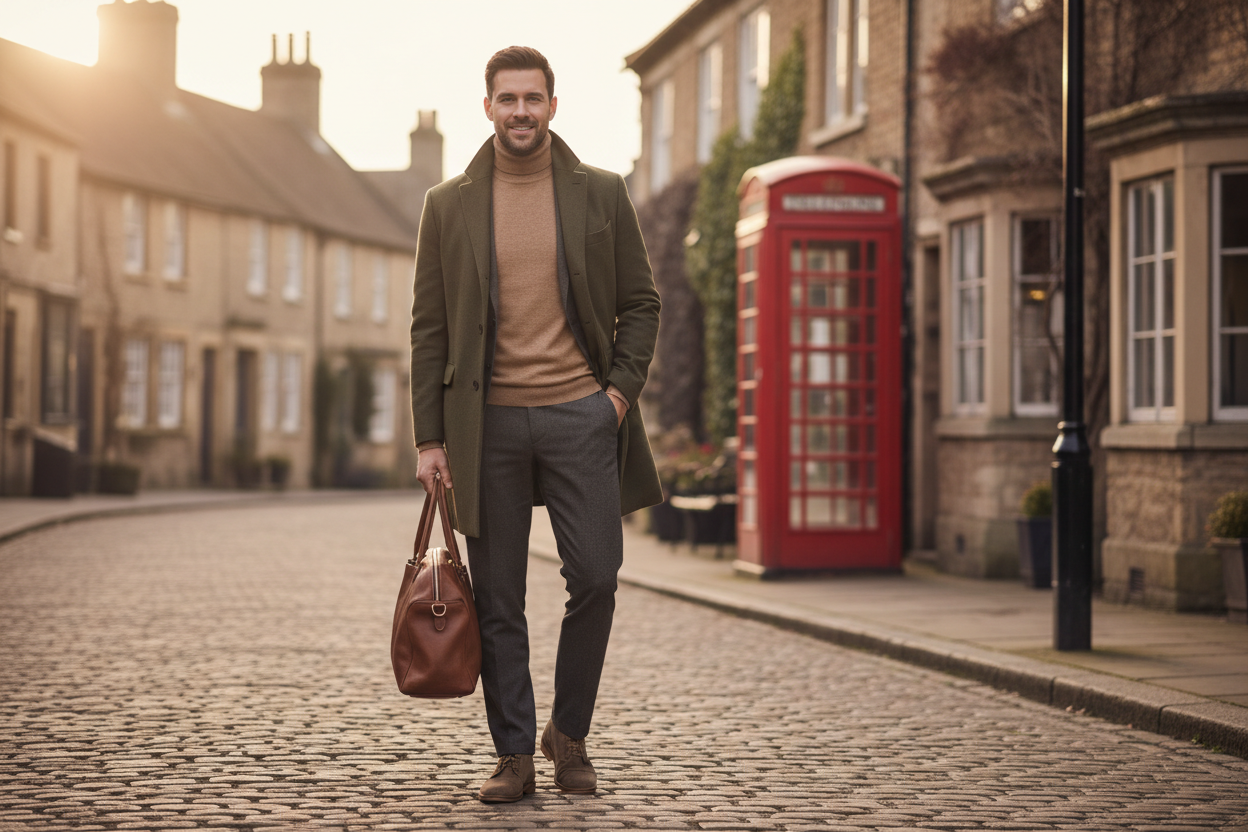 Lifestyle fashion image showing a confident man wearing modern men’s clothing in a relaxed UK environment, natural pose, authentic and approachable mood, clean and minimal background, soft daylight, premium yet relatable menswear brand style, realistic photography, warm tones