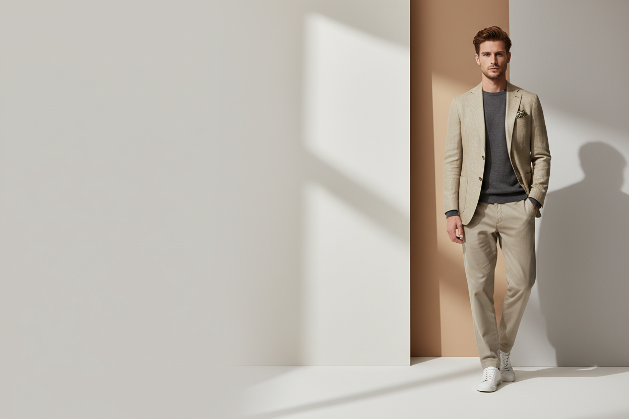 Modern men’s fashion banner featuring a well-dressed male model in casual-smart attire, neutral colour palette, minimalist background, clean and professional ecommerce style, soft studio lighting, contemporary UK fashion brand aesthetic, spacious composition with room for text overlay
